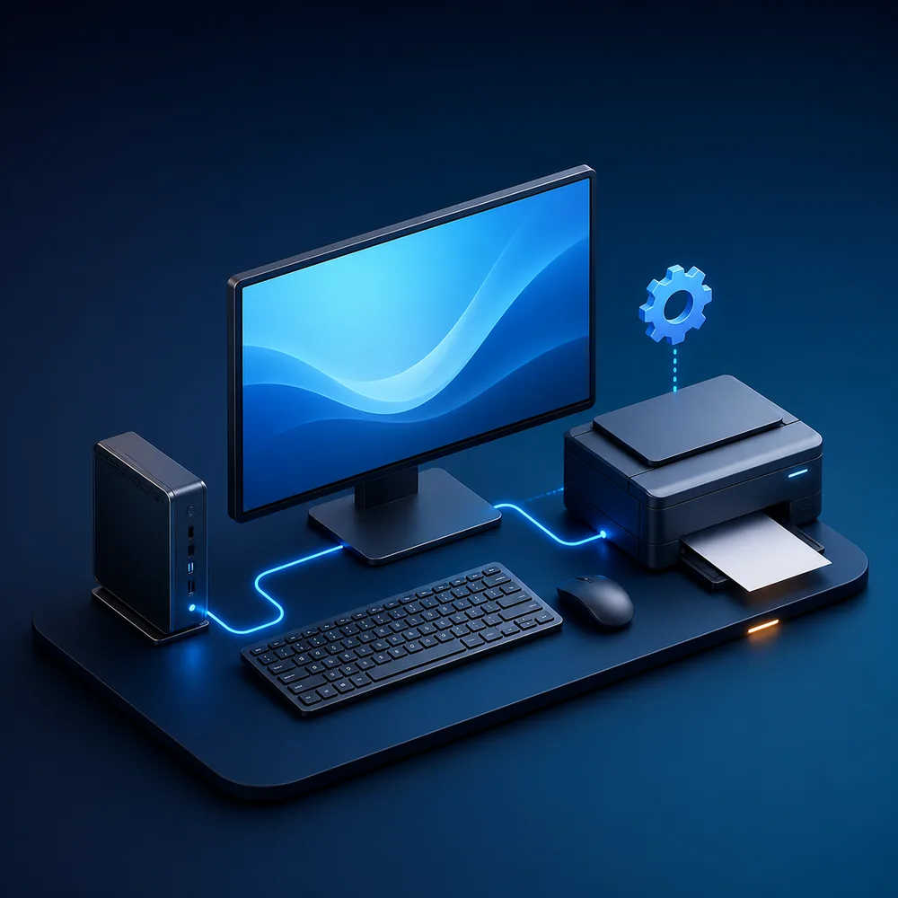 Eingerichteter Computerarbeitsplatz mit Drucker